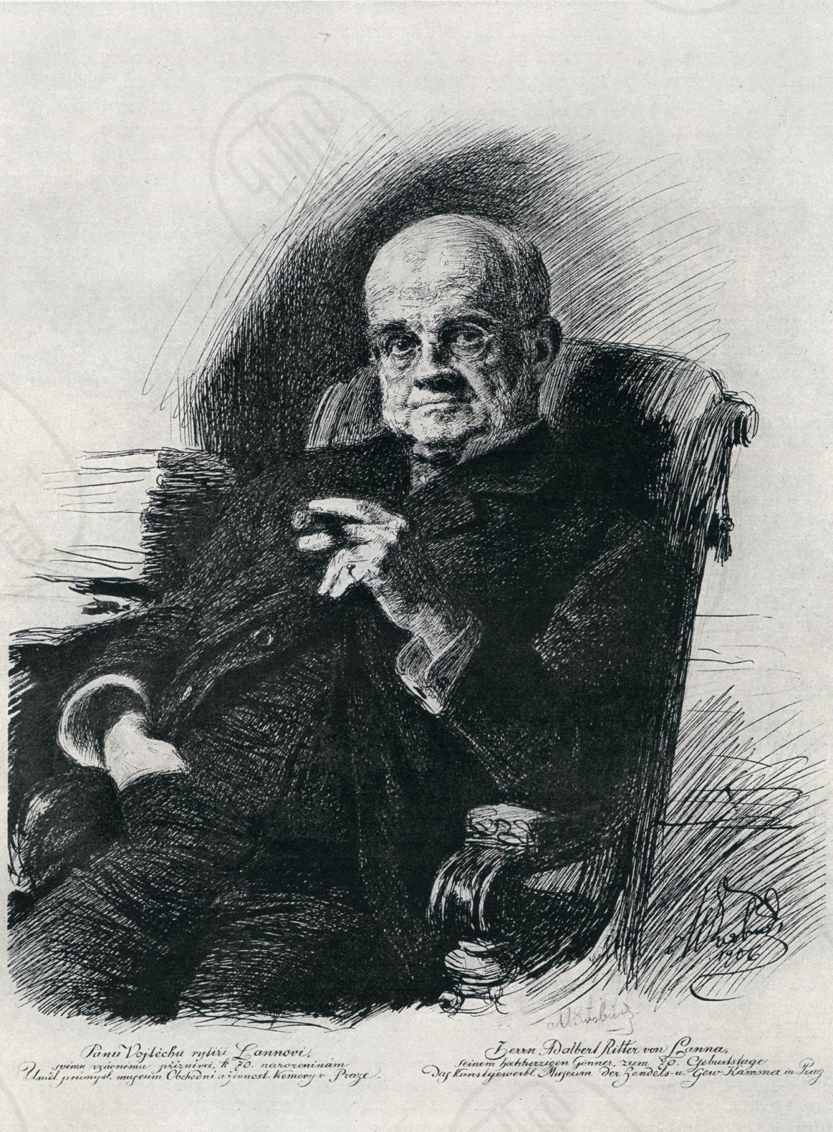 Lanna Adalbert ml.: Portrétní kresba, kterou vděčné kuratorium Uměleckoprůmyslového muzea v Praze objednalo svému příznivci k 70. narozeninám. Max Švabinský, 1906; sbírka NEBE. Lanna Adalbert ml.: Portrétní kresba, kterou vděčné kuratorium Uměleckoprůmyslového muzea v Praze objednalo svému příznivci k 70. narozeninám. Max Švabinský, 1906; sbírka NEBE.